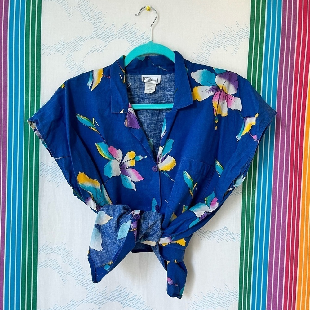VINTAGE 80s 90s hibiscus pastel blouse large extra large
